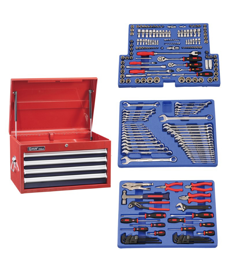 215 Piece 1/4″, 3/8″ & 1/2″ Dr. Metric & SAE Starter Tool Set (with 4 Drawer Top Chest)