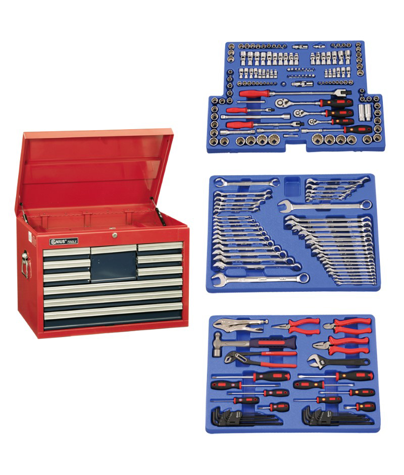 215 Piece 1/4″, 3/8″ & 1/2″ Dr. Metric & SAE Starter Tool Set (with 10 Drawer Top Chest)