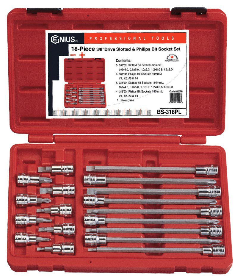 18 Piece 3/8" Dr. Slotted & Philips Bit Socket Set Genius