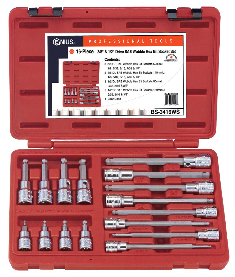 16 Piece 3/8" & 1/2" Dr. SAE Wobble Hex Bit Socket Set Genius