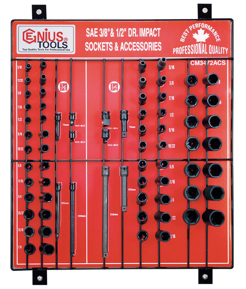 72 Piece 3/8" & 1/2" Dr. SAE Impact Socket & Accessory Display Board