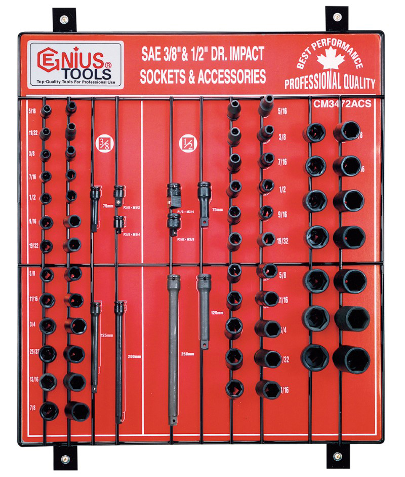 72 Piece 3/8″ & 1/2″ Dr. SAE Impact Socket & Accessory Display Board
