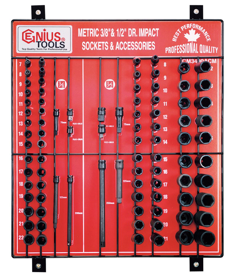 90 Piece 3/8" & 1/2" Dr. Metric Impact Socket & Accessory Display Board