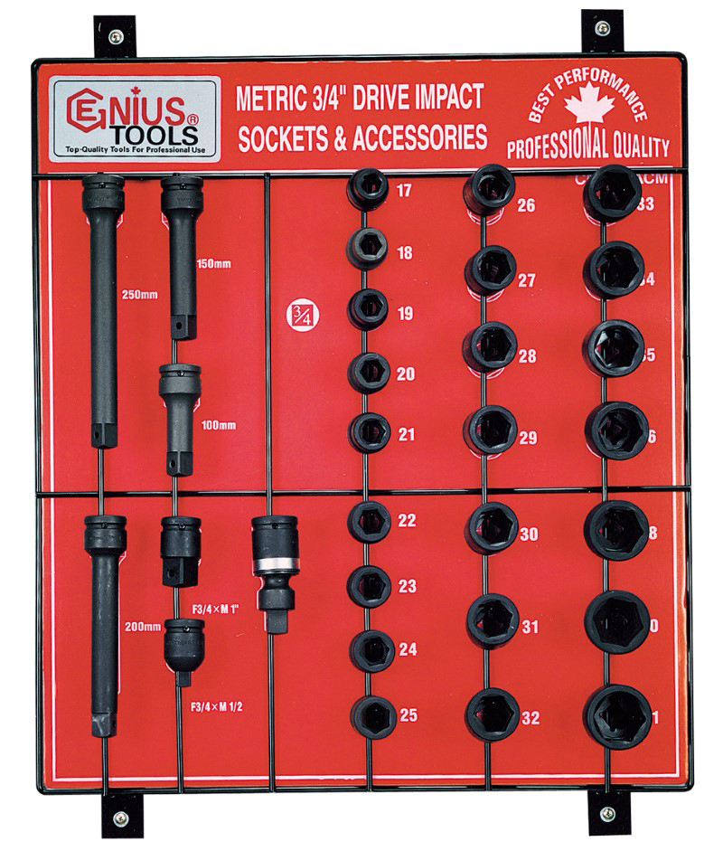 30 Piece 3/4" Dr. Metric Impact Socket & Accessory Display Board Genius