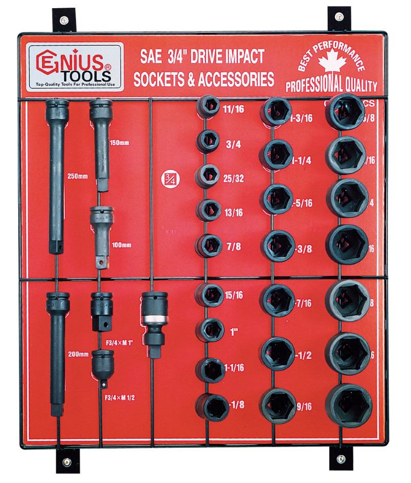 30 Piece 3/4" Dr. SAE Impact Socket & Accessory Display Board Genius