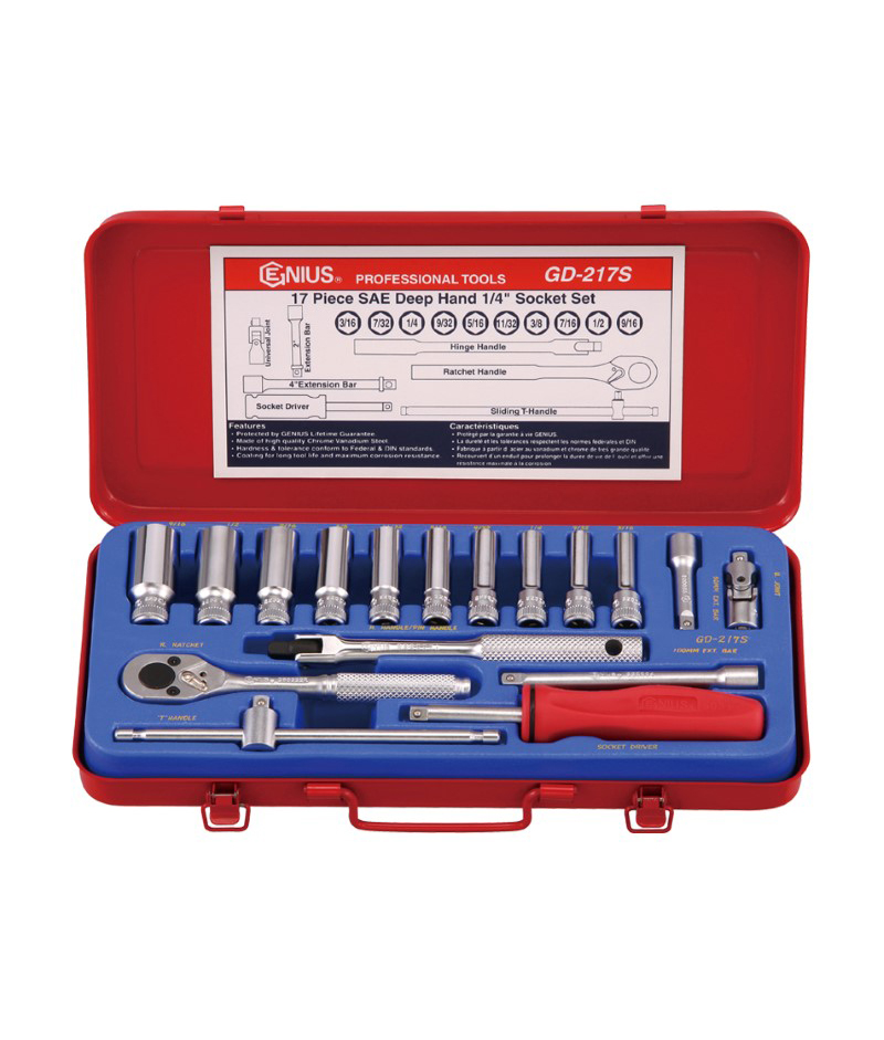 17 Piece 1/4" Dr. SAE Deep Hand Socket Set Genius