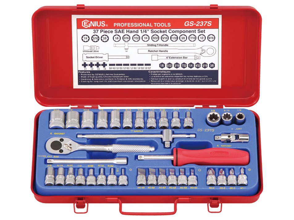 37 Piece 1/4" Dr. SAE Hand Socket Component Set (6 pt. & 8 pt.) Genius