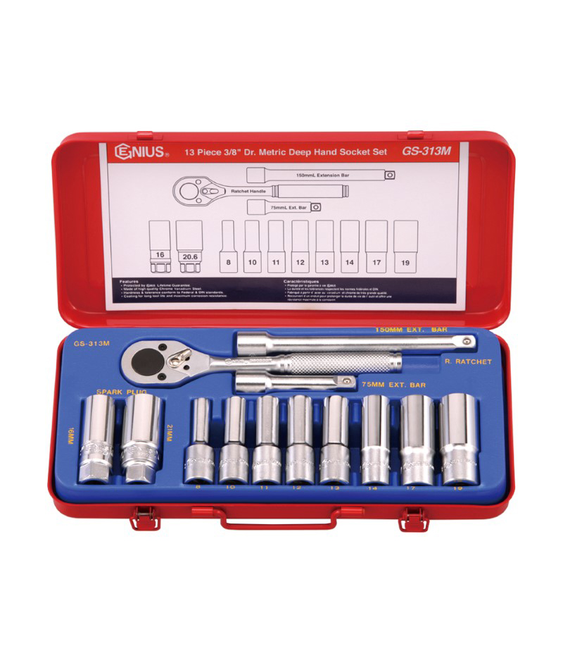 13 Piece 3/8" Dr. Metric Deep Hand Socket Set Genius