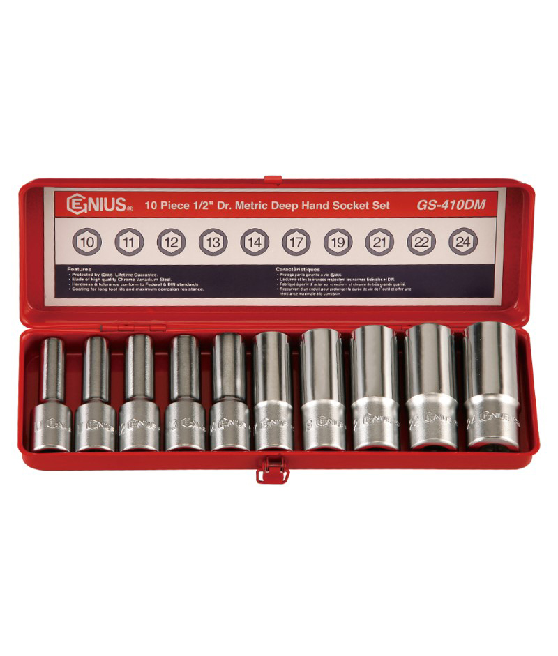 10 Piece 1/2" Dr. Metric Deep Hand Socket Set Genius