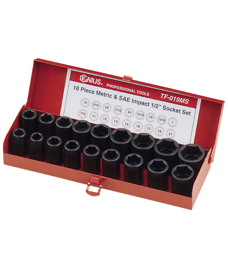 18 Piece 1/2" Dr. Metric & SAE Impact Socket Set CrV Genius