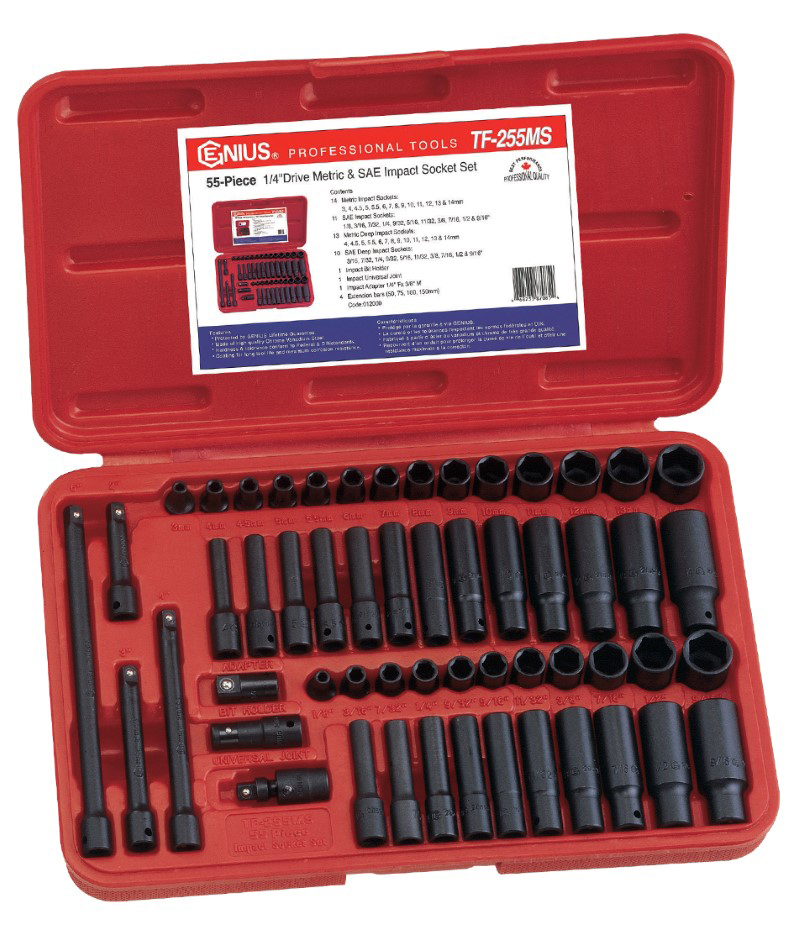 55 Piece 1/4" Dr. Metric & SAE Deep Impact Socket Set CrV Genius