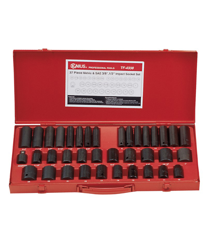 37 Piece 3/8" & 1/2" Dr. Metric & SAE Impact Socket Set CrV Genius