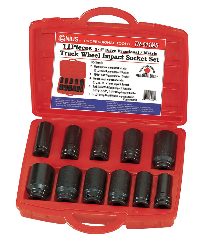 11 Piece 3/4" Dr. Metric & SAE Truck Wheel Impact Socket Set Genius