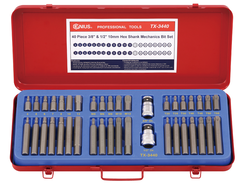 40 Piece 3/8" & 1/2" Dr. 10mm Hex Shank Mechanics Bit Set Genius